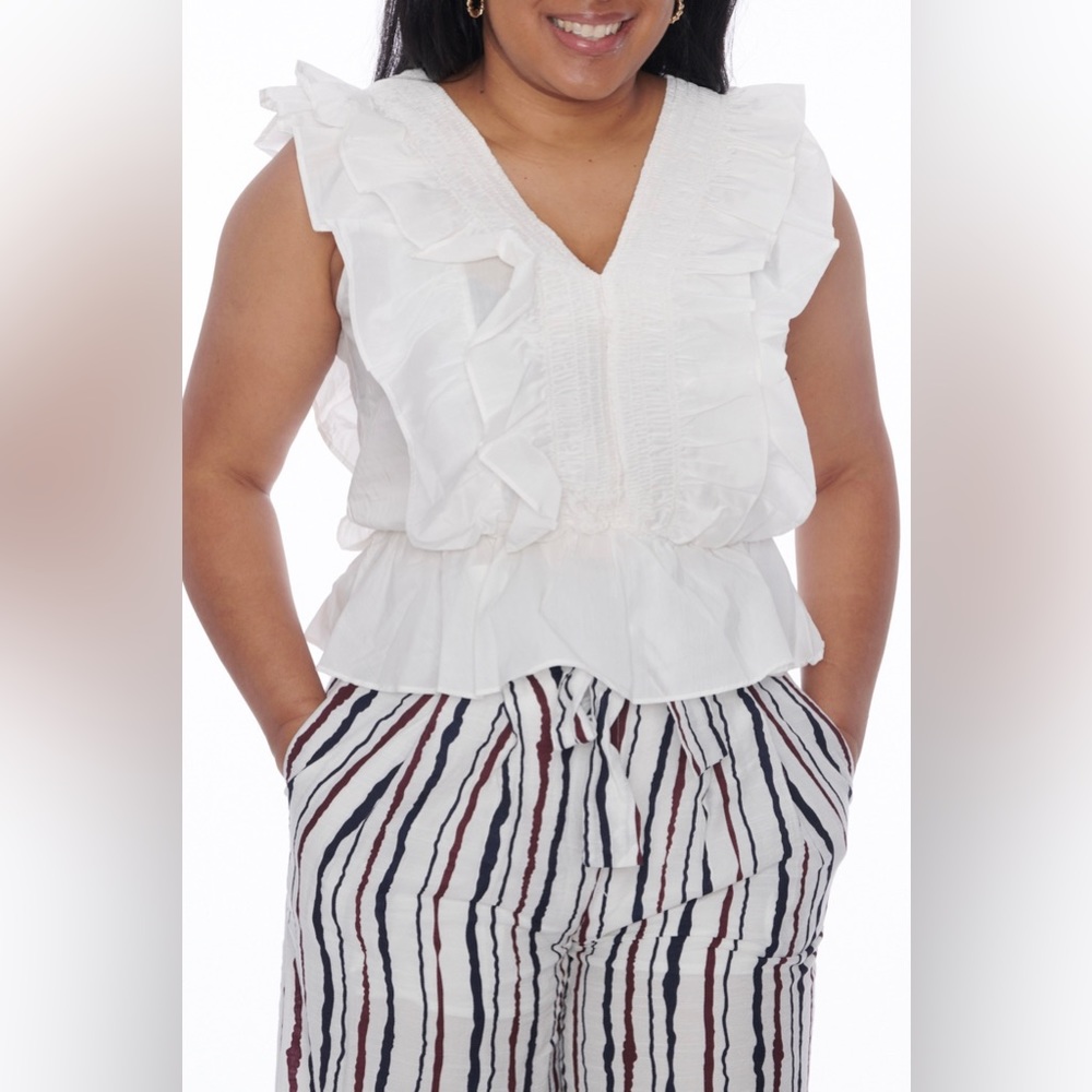 White Ruffle V-Neck top - Picture 2 of 7